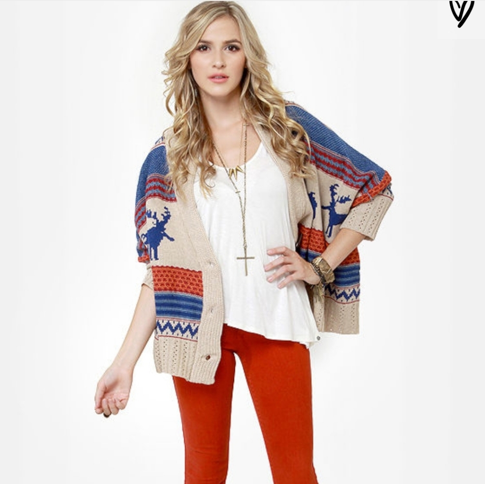 W dablju Reindeer Striped Cardigan Sweater L